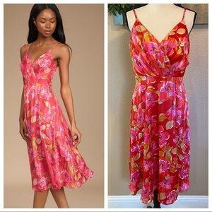 NWOT Lulus All About Love Red Floral Print Midi Dress